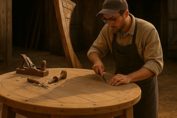 Imagem mostrando um artesão trabalhando os detalhes de uma mesa redonda de madeira náutica.