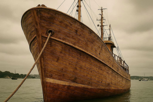 Imagem de um grande navio veleiro antigo atracado ao cais.