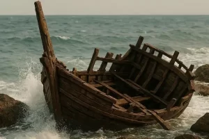 Sobras de uma embarcação antiga deixada junto as pedras na beira do mar