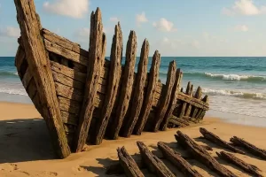 Sobras do casco de uma embarcação antiga na praia, destruída pelo tempo