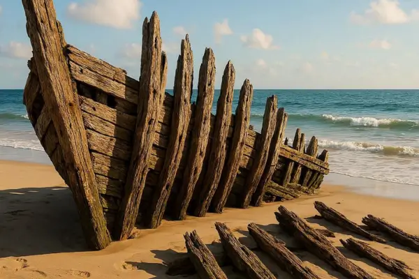 Sobras do casco de uma embarcação antiga na praia, destruída pelo tempo