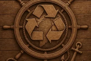Imagem em forma do timão do navio como objeto decorativo no centro o globo terrestre e três setas girando. mostrando que o ciclo da madeira é assim.