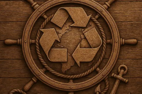 Imagem em forma do timão do navio como objeto decorativo no centro o globo terrestre e três setas girando. mostrando que o ciclo da madeira é assim.