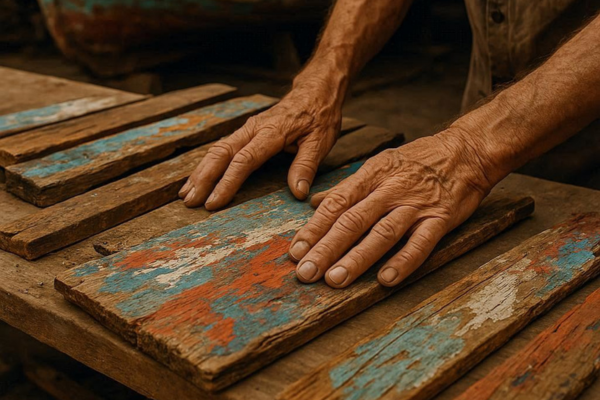 Artesão selecionando pequenas tabuas.