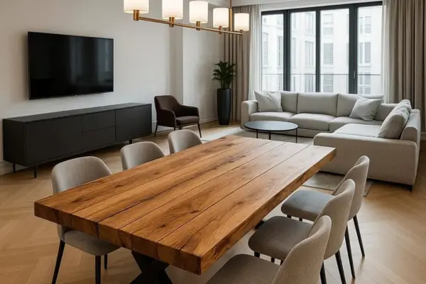 Uma mesa de madeira náutica para seis cadeiras feito com pranchas recicladas em uma sala espaçosa e bem arejada