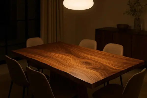 uma mesa para seis cadeira onde a iluminação realça toda beleza da mesa.