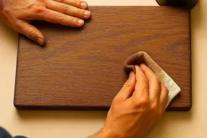 Um artesão prepara uma pigmentação especial para testar em um pedaço de madeira náutica.