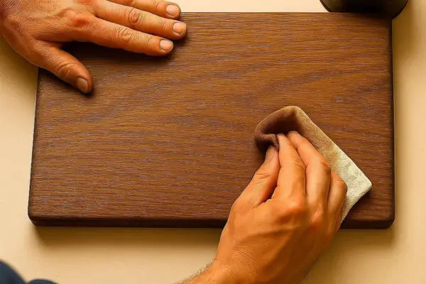 Um artesão prepara uma pigmentação especial para testar em um pedaço de madeira náutica.
