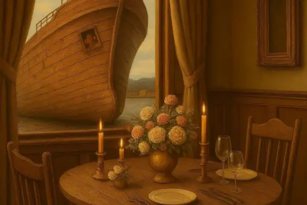 Uma bela sala de jantar bem decorada com um quadro ao lado mostrando um navio antigo e ao centro uma mesa de madeira náutica rústica e reciclada