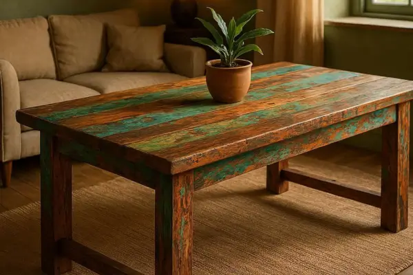 uma mesa de centro pequena mas bem funcional feita com madeira náutica rústica.