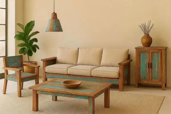 uma sala decorada com moveis feito de forma bem rústica mas muito elegante e colorida.
