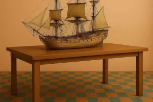 Uma mesa elegante decorando uma sala de um escritório com uma miniatura de um veleiro sobre a mesma.