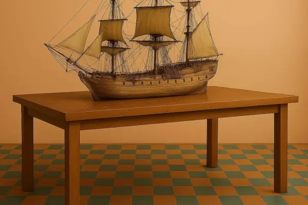 Uma mesa elegante decorando uma sala de um escritório com uma miniatura de um veleiro sobre a mesma.