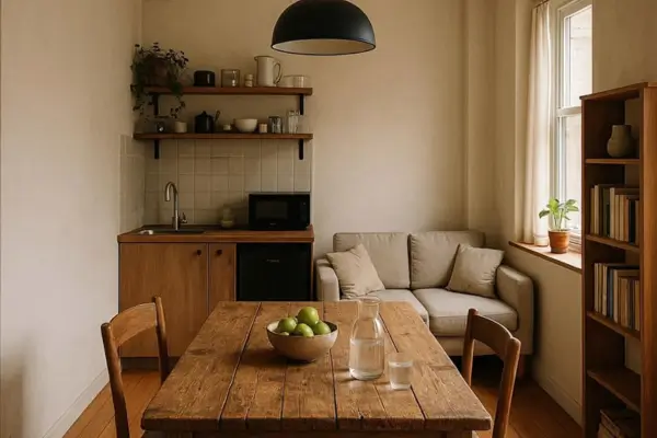 Uma sala pequena com uma mesa de madeira náutica ao centro deixando o ambiente bem otimizado.