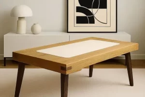 imagem mostrando uma mesa de centro pequena com estilo rústico contemporâneo