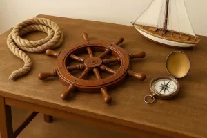 Mesa de madeira náutica reciclada decorando um escritório ou sala de espera com objetos decorativos sobre.