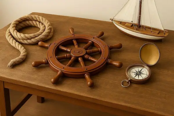 Mesa de madeira náutica reciclada decorando um escritório ou sala de espera com objetos decorativos sobre.