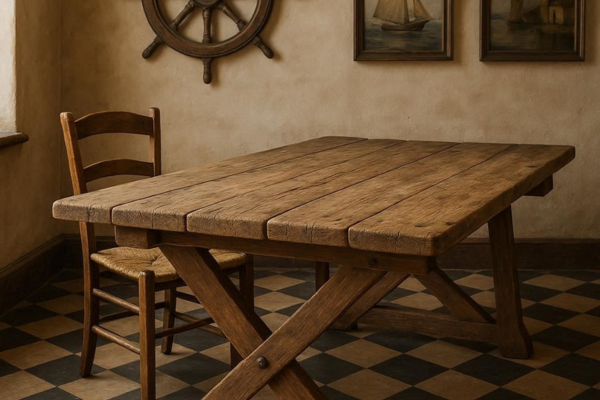 Mesa rustica de madeira em uma sala de um comercio antigo.