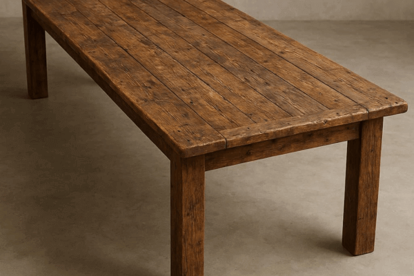 Imagem de uma mesa de madeira náutica feita com pranchas bem rusticas.