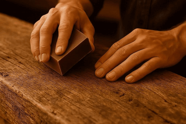 Um artesão lixando e preparando uma prancha de madeira náutica para transformar em mesa rústica